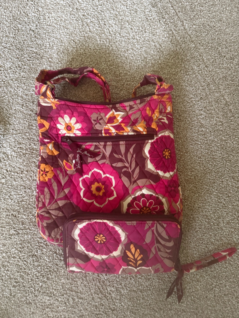 Vera Bradley Magenta Floral Quilted Tote with Orange Accents